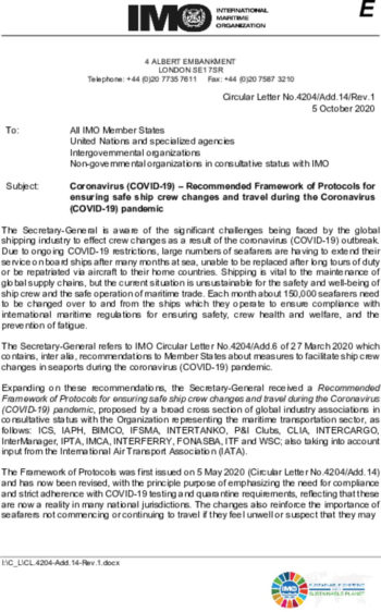 IMO Recommended Framework of Protocols for ensuring safe ship crew changes and travel during the Coronavirus COVID 19 pandemic 